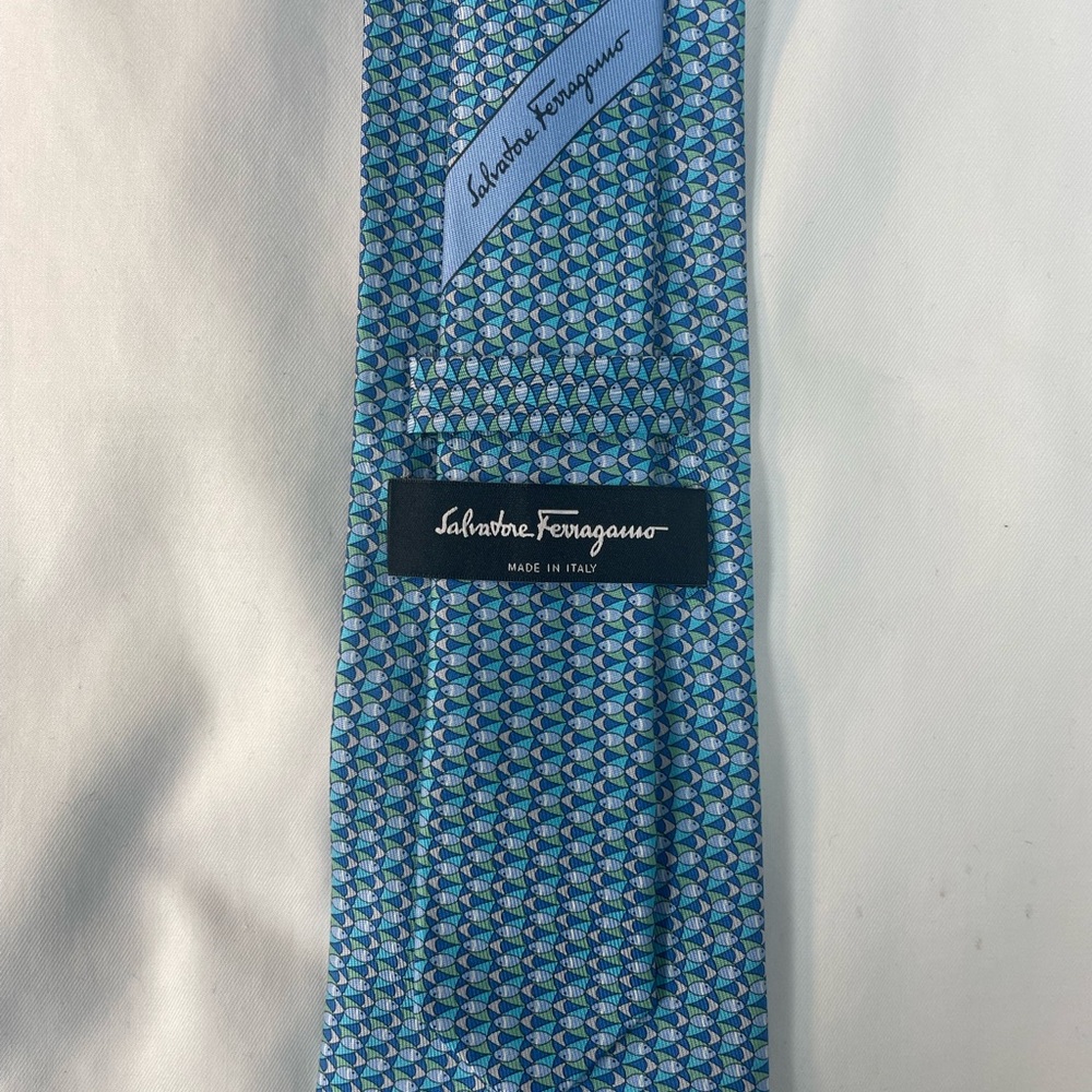 Salvatore Ferragamo Blue and Green Geometric Fish 100% Silk Tie